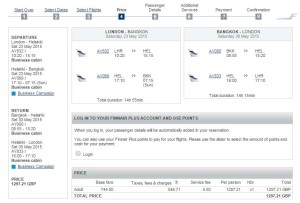 An example booking from London to Bangkok at £1298 Business Class return